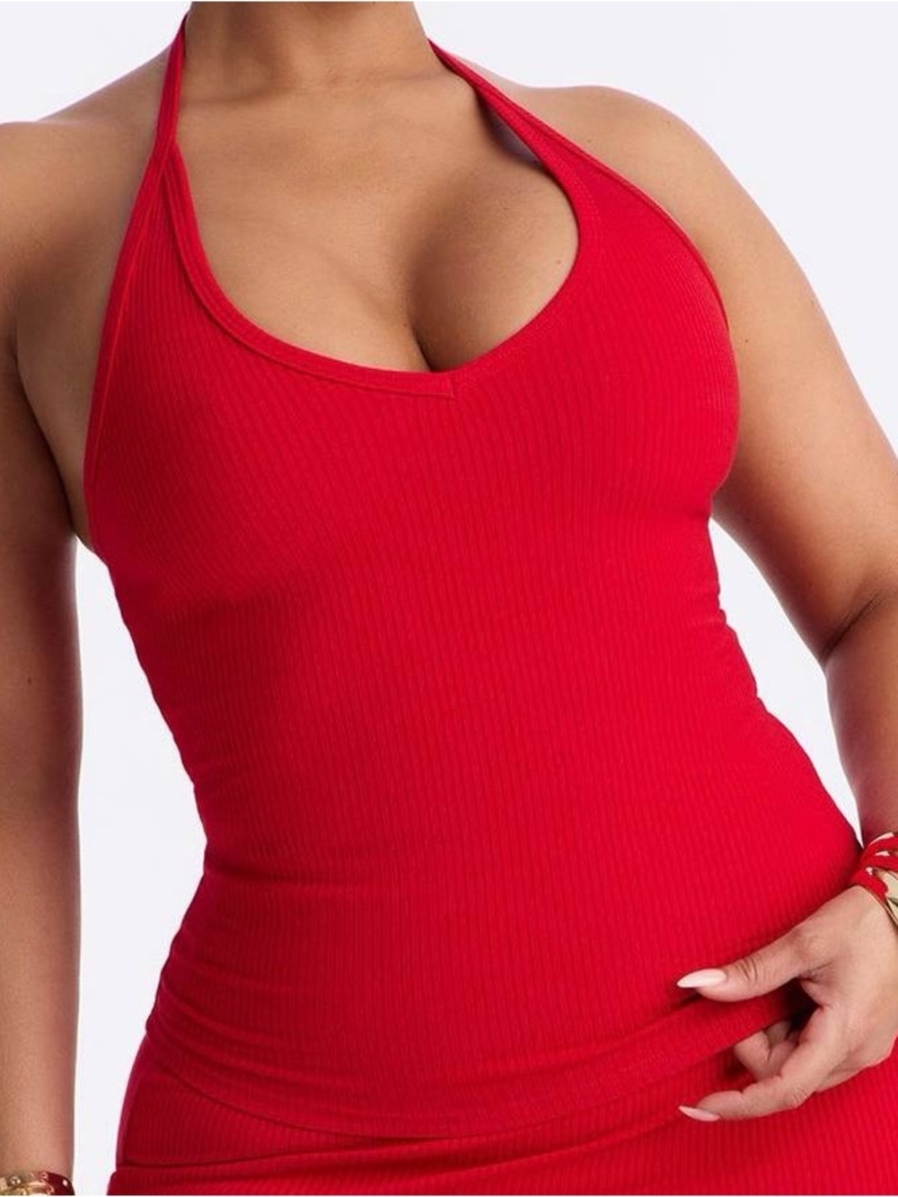 Fashion Nova Red Ribbed Snatched Halter Camisole